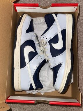 Nike GS SB Dunk Low-Top Sneakers in White & Navy Blue